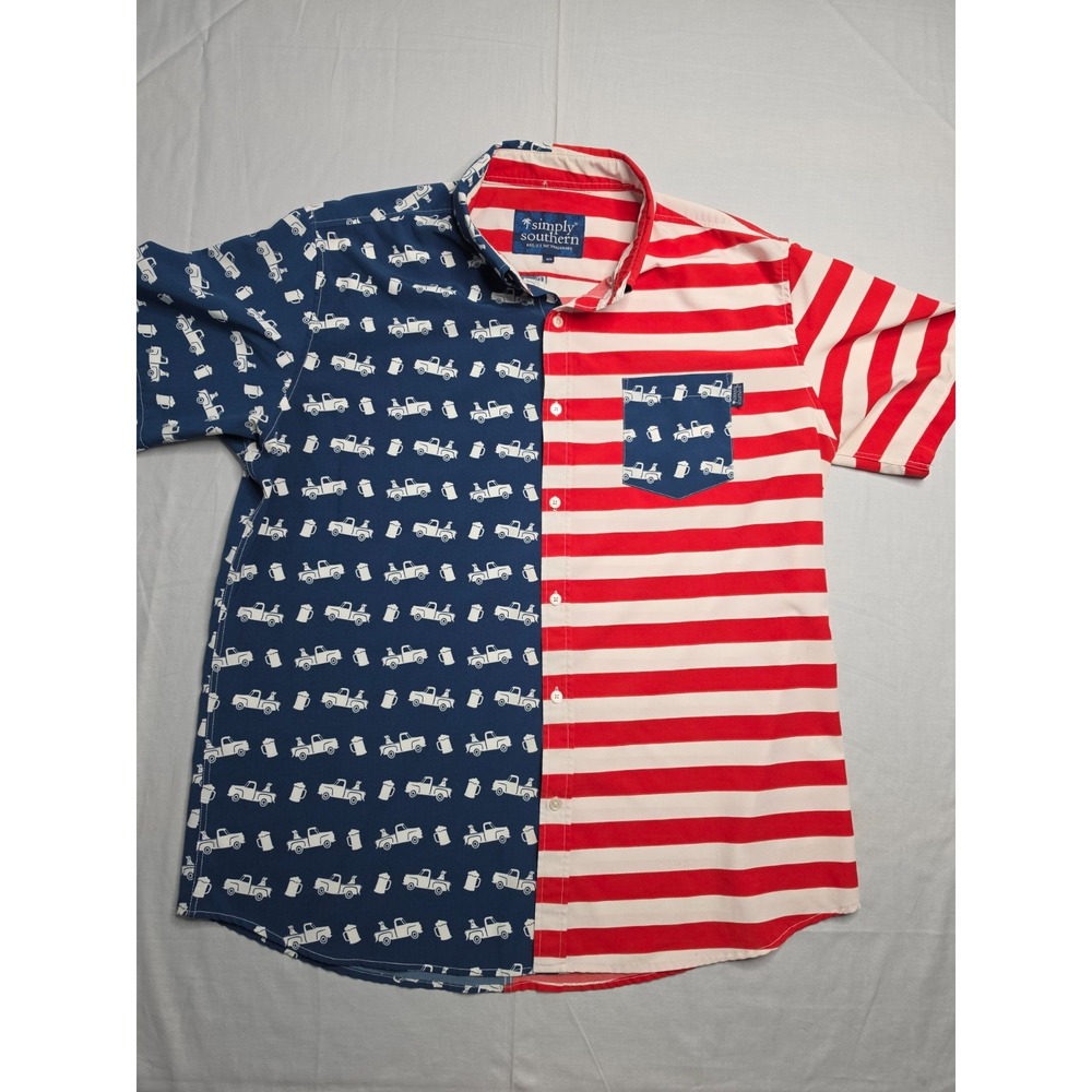Simply Southern Shirt Men's XL Multicolor American Flag Short Sleeve Button-Down